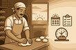© Olha - Bakery Morning Routine. Scene banner featuring bakery owner at early morning prep and schedule icon set for shift icons, sunrise,