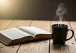 © ana - Open Bible and Steaming Coffee Mug on Rustic Wooden Table