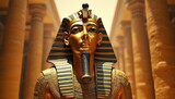 Golden pharaoh bust with blue striped nemes headdress in front of sand colored temple columns. Intricate Egyptian art shows regal face, false beard, ornate royal collar. Ancient burial mask detail.