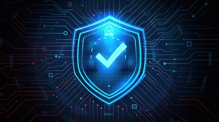 Digital shield with a blue checkmark representing cybersecurity and data protection