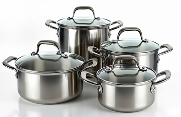 Set of four shiny stainless steel pots with glass lids and dark handles arranged on a clean white surface. Various sizes shown for different cooking needs.