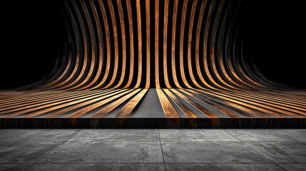Wall Mural - Black and orange striped floor with a large gap in the middle. The floor is made of wood and has a very modern look