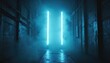 © Vadym - Dark urban alley with blue neon light. Thick fog fills passage. Concrete walls, industrial pipes, wet ground create moody, tech scene. Empty street feels mysterious, futuristic, hints at hidden path