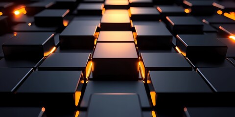 Wall Mural - Close up of a black and orange square pattern. The squares are lit up with a yellow glow
