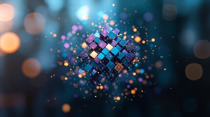 Wall Mural - colorful cube with a blurry background. the cube is made up of many small squares, and the backgroun