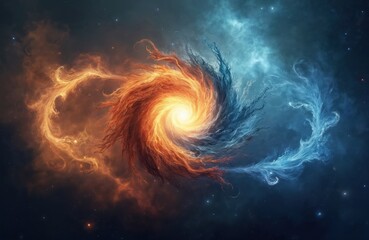 Wall Mural - Abstract representation of cosmic elemental forces. Fiery orange and cool blue nebulae swirl in a galactic vortex with distant stars. A celestial dance of creation and energy.