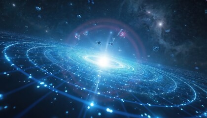 Wall Mural - Digital illustration shows a vibrant cosmic scene with a glowing core and concentric circles. Space objects float around this futuristic design that highlights innovation and tech.