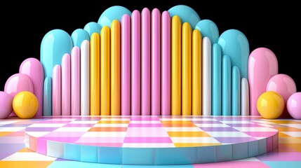 Wall Mural - colorful, multi-colored stage with pink, yellow, and blue balloons. the balloons are arranged in a r