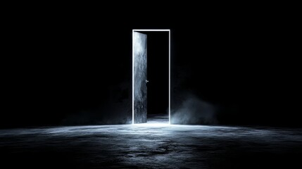 Wall Mural - Dark room with a large open door. The door is lit up with neon lights, creating a mysterious and eerie atmosphere