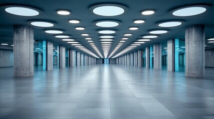 Wall Mural - Large, empty, and very bright room with a blue ceiling. The room is very open and has a very clean and modern look