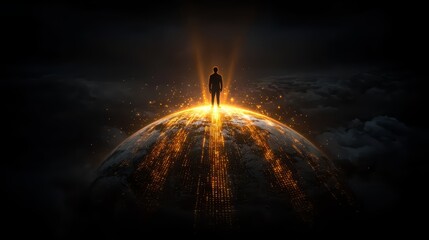 Wall Mural - Man stands on a planet with a glowing light surrounding him. Concept of wonder and awe, as if the man is standing on a different world