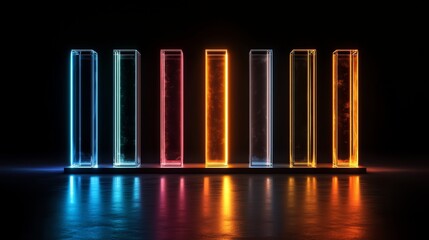 Wall Mural - Row of neon colored cubes are lit up in a dark room. The cubes are arranged in a row, with the first one being red and the last one being blue. The cubes are illuminated, creating a vibrant