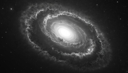 Wall Mural - Monochrome spiral galaxy with bright core and swirling arms in deep space. Stars and nebulae create a cosmic, ethereal atmosphere. Infinite universe backdrop.