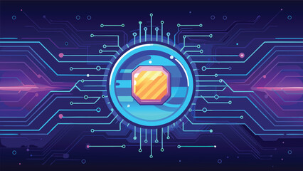 Futuristic Digital Circuit Board with Glowing Technology Chip and Abstract Cyber Network Design Background