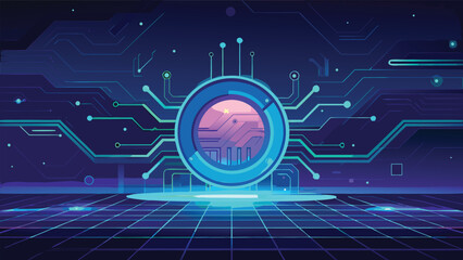 Futuristic Digital Circuit Board with Glowing Technology Chip and Abstract Cyber Network Design Background