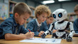© Vadym - School children engage with a robot in classroom. Kids learn stem skills, robotics, and engineering. Future tech education involves kids interacting with smart machines, making projects.
