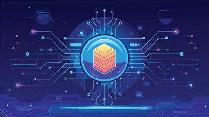 Futuristic Digital Circuit Board with Glowing Technology Chip and Abstract Cyber Network Design Background