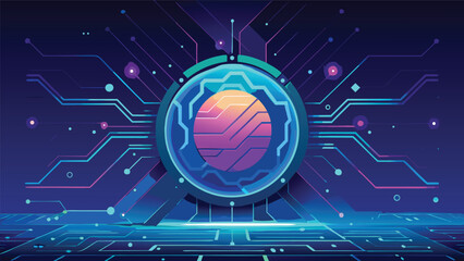 Futuristic Digital Circuit Board with Glowing Technology Chip and Abstract Cyber Network Design Background