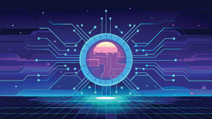 Futuristic Digital Circuit Board with Glowing Technology Chip and Abstract Cyber Network Design Background
