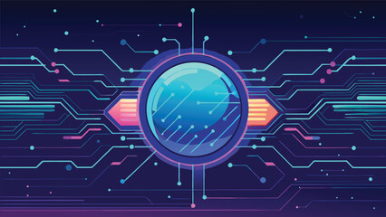 Futuristic Digital Circuit Board with Glowing Technology Chip and Abstract Cyber Network Design Background