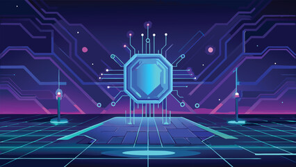 Futuristic Digital Circuit Board with Glowing Technology Chip and Abstract Cyber Network Design Background