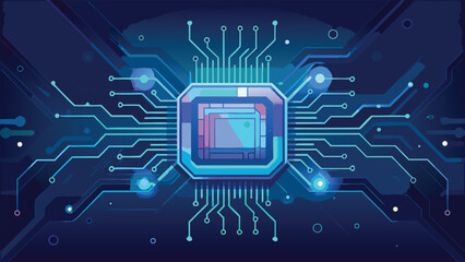 Futuristic Digital Circuit Board with Glowing Technology Chip and Abstract Cyber Network Design Background