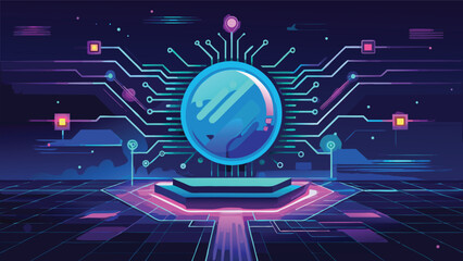 Futuristic Digital Circuit Board with Glowing Technology Chip and Abstract Cyber Network Design Background