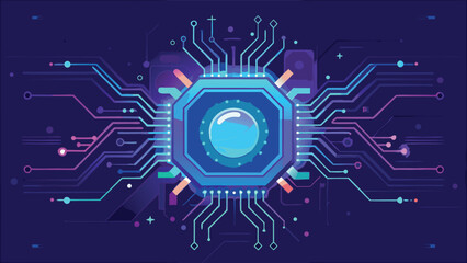 Futuristic Digital Circuit Board with Glowing Technology Chip and Abstract Cyber Network Design Background