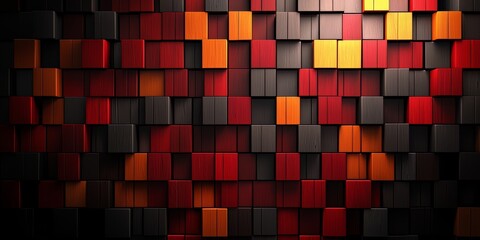 Wall Mural - Wall made of wooden blocks in red, black and orange. The blocks are arranged in a pattern that creates a sense of depth and texture. The colors of the blocks create a warm