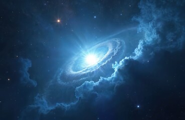 Wall Mural - Brilliant white dwarf star glows bright in deep cosmos. Bluish light illuminates swirling dust, nebula clouds. Distant stars dot dark cosmic backdrop. Galactic core creates mystery of infinite
