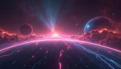 Wall Mural - Vibrant cosmic landscape features neon light streaks racing across dark planet surface. Bright energy glows from horizon. Multiple planets appear in vast sky with colorful clouds, nebulae. Future