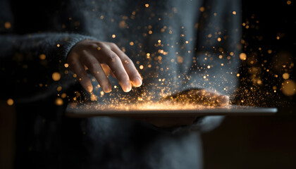 Person using tablet with magical digital particles emanating.