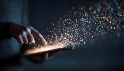 Person using tablet with magical digital particles emanating.