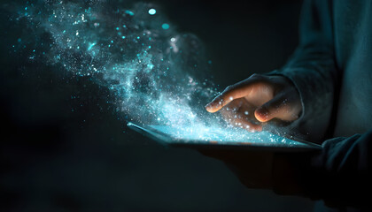 Person using tablet with magical digital particles emanating.