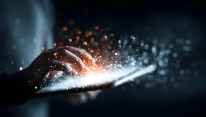 Person using tablet with magical digital particles emanating.