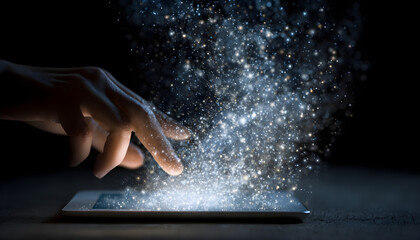 Person using tablet with magical digital particles emanating.