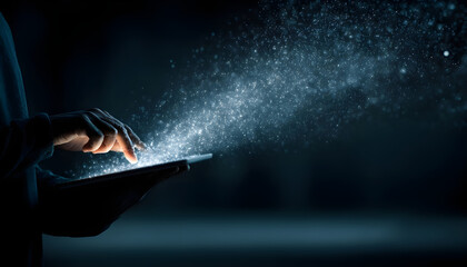 Person using tablet with magical digital particles emanating.