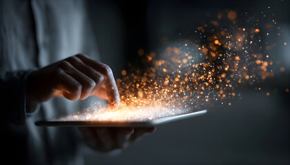 Person using tablet with magical digital particles emanating.