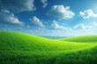 © Vadym - Rich green hills roll under a bright blue sky with fluffy white clouds. The sun shines gently on the expansive landscape. Vast meadow offers serene natural beauty.