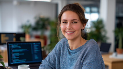 A smiling woman in a startup office codes applications in multiple languages debugging on an laptop with a generic test results screen a coffee mug and plants adding warmth