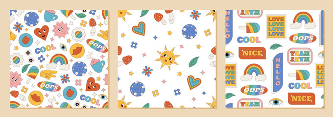 Wall Mural - Groovy retro seamless cartoon pattern set blends happy and cute elements with a colorful y2k background. Funky flowers, sun, rainbow, and heart shape create playful style for creative pattern