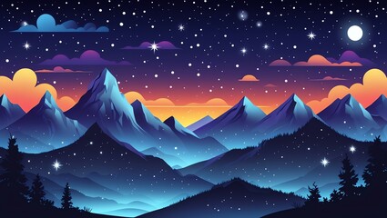 A stylized mountain range under a starry night sky with a gradient sunset