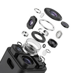 Exploded view of a smartphone camera module, showing internal components and lenses isolated on transparent background