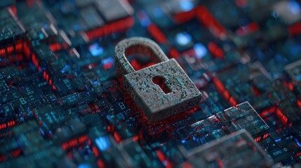 A close-up of a digital lock resting on a futuristic, circuit-like background signifies cybersecurity and data protection, Ideal for tech-related content, articles