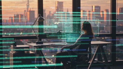 Woman sitting at desk with holographic code interface in modern office overlooking city skyline at sunset. Software development and programming concept. Design for banner, poster, header, wallpaper.