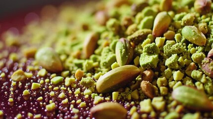 Close up of chopped pistachios and whole pistachios on a dark glossy surface with bokeh effect
