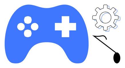Blue game controller, gear, and music note visualizing gaming technology, system settings, music, app design. Ideal for gaming interface, tech innovation, creativity entertainment multimedia