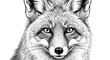 © Ayesha - A detailed black and white sketch of a fox's face stares intently forward.