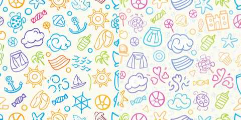 Whimsical summer vacation pattern with colorful hand drawn icons of sun clouds palm trees and beach accessories