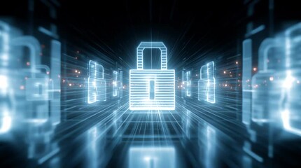 Glowing digital padlocks arranged in a line with light streaks and bokeh on a dark background